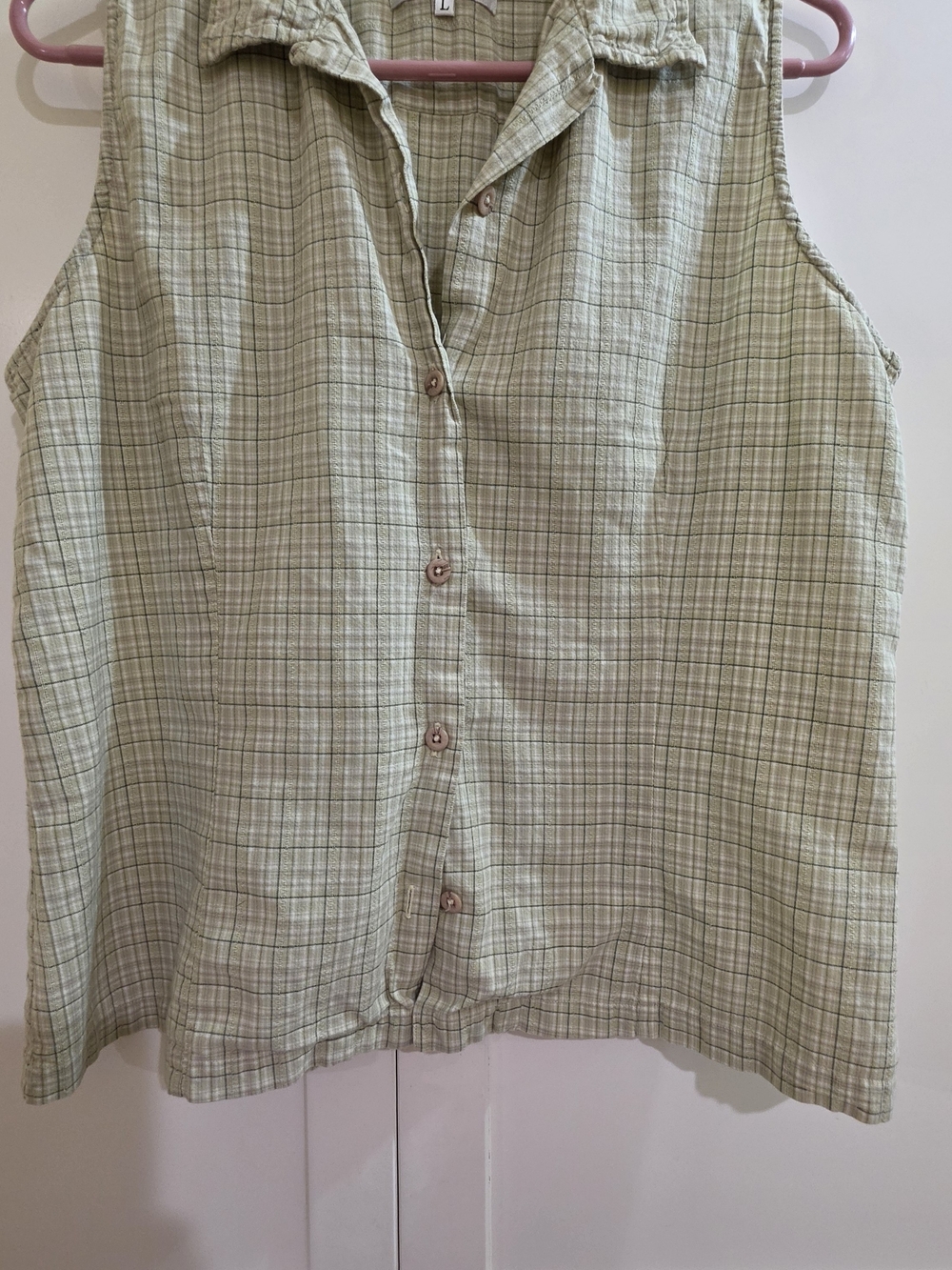 Light Green Plaid Sleeveless Womens Shirt -